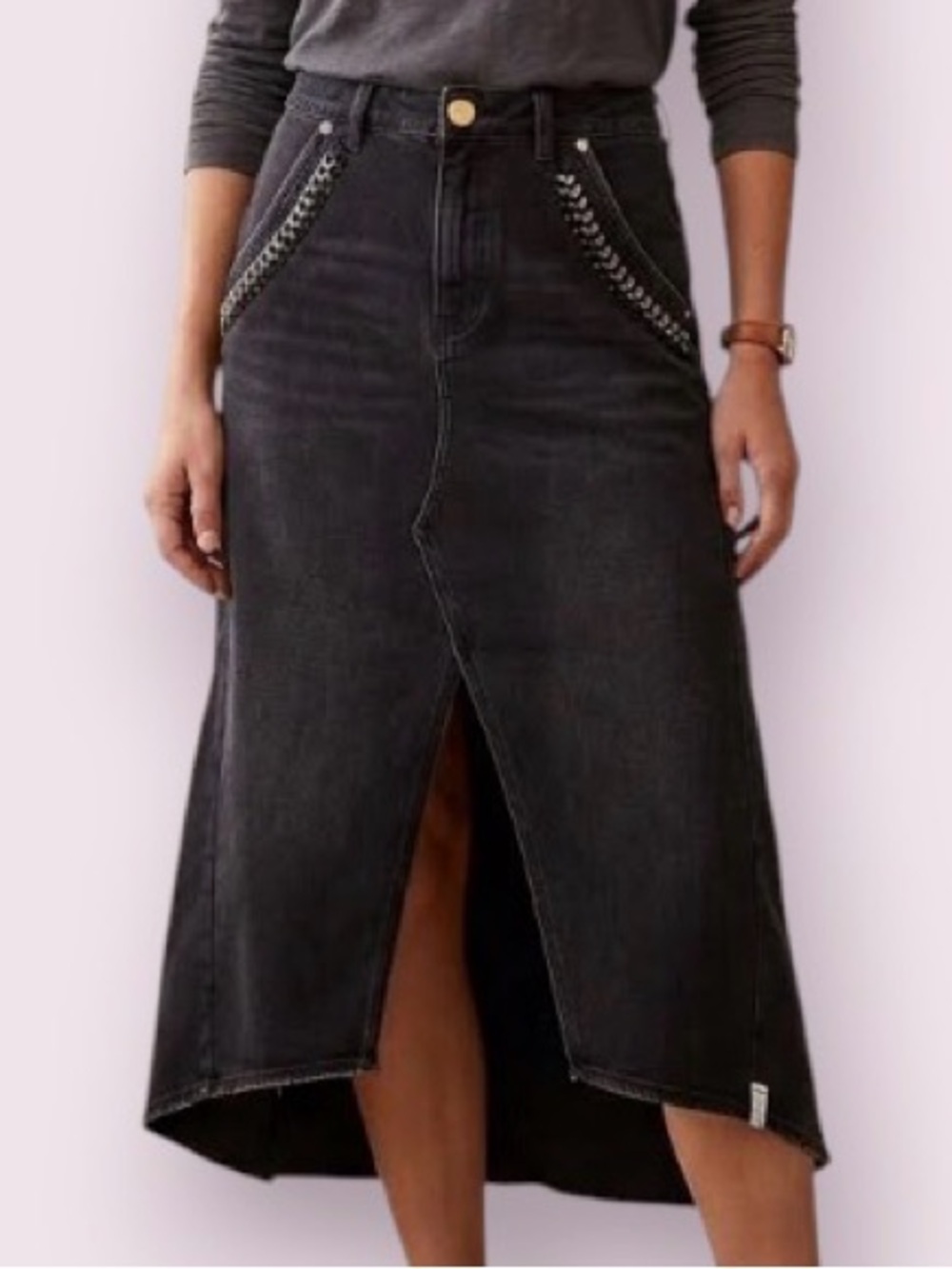 NWOT One Teaspoon Black Denim Midi Skirt Chain Pockets Goth Size 28 waist